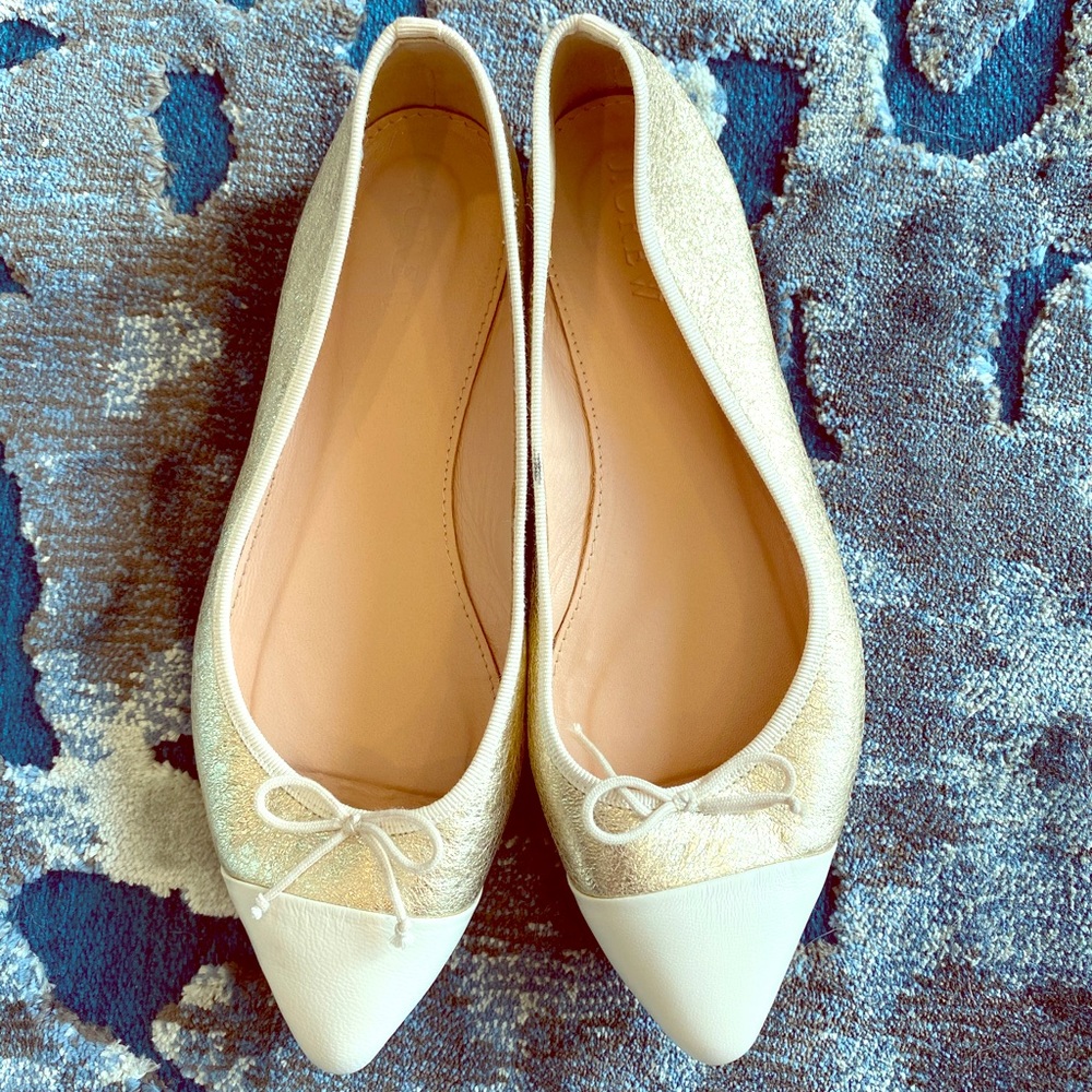J. Crew gold metallic and cream ballet flats bow